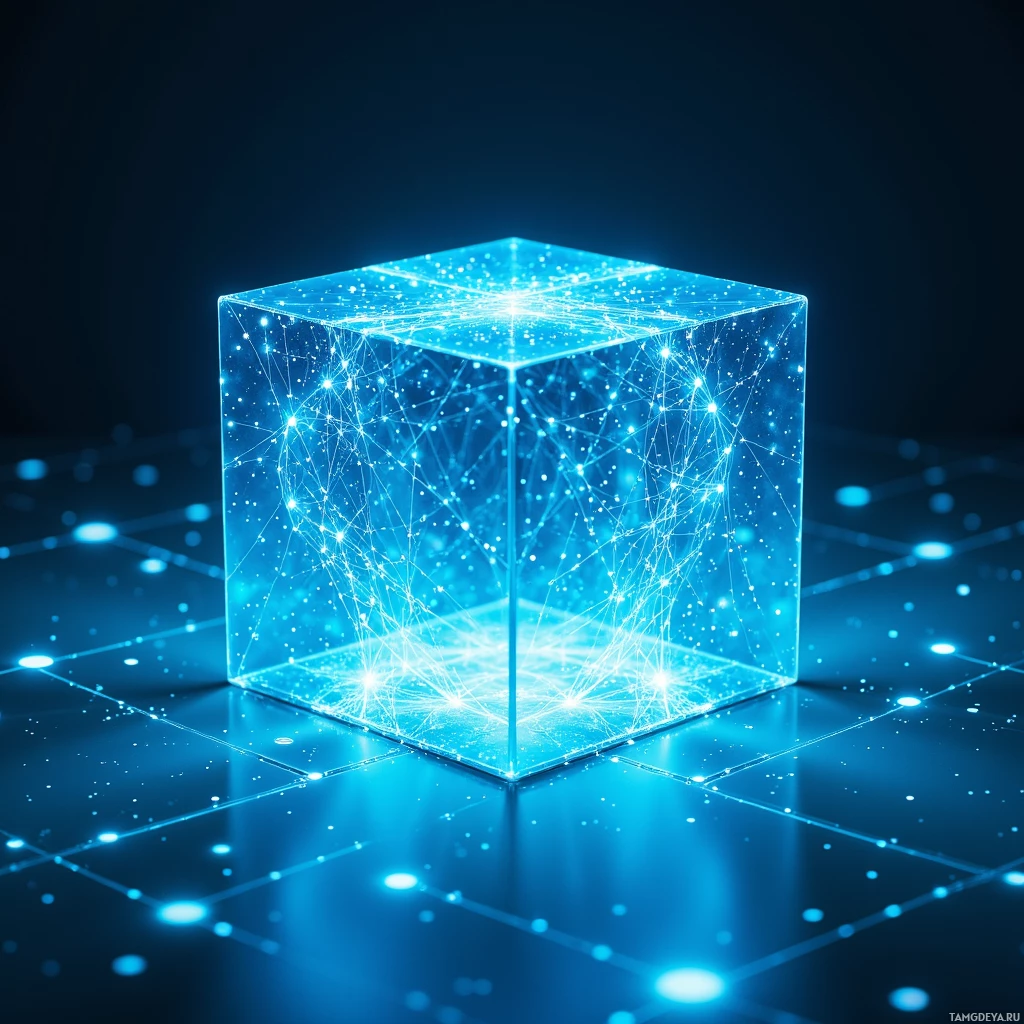 A glowing, transparent cube with intricate network patterns inside, set against a dark blue background.