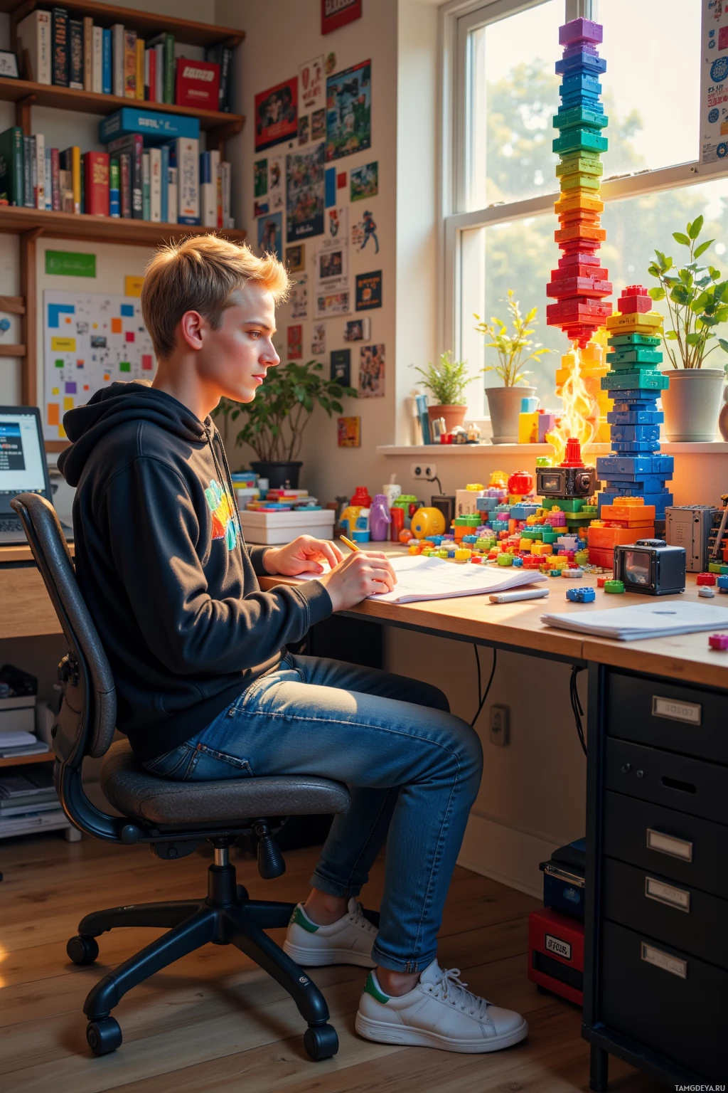 A young person sits at a desk in a well-lit room, surrounded by books, toys, and a colorful tower of blocks, writing in a notebook.