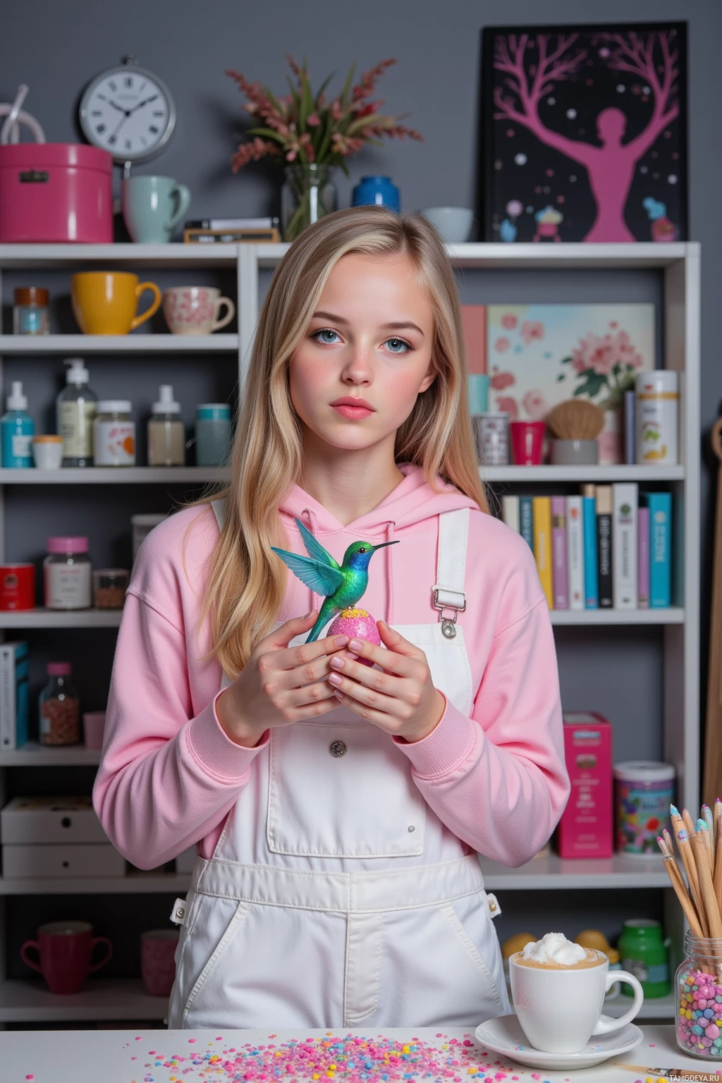 A young person in a pink hoodie and white overalls holds a small bird figurine in a colorful, organized room.