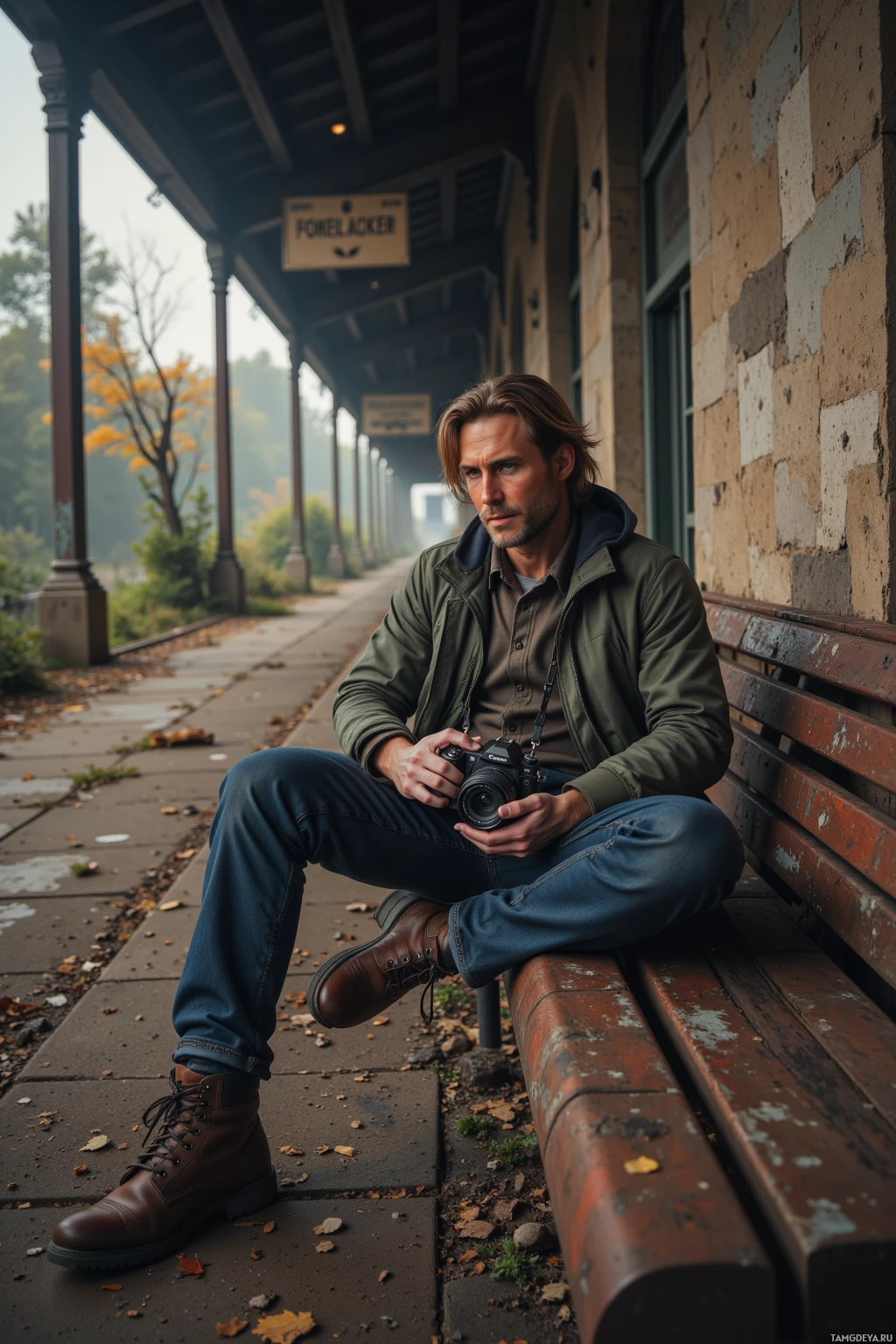 A man sits on a bench at a train station, holding a camera.