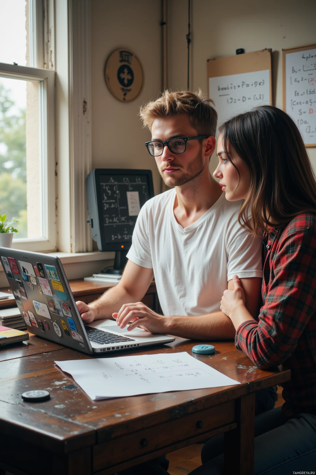 Two individuals are collaborating on a laptop in a study area with a whiteboard and desk.