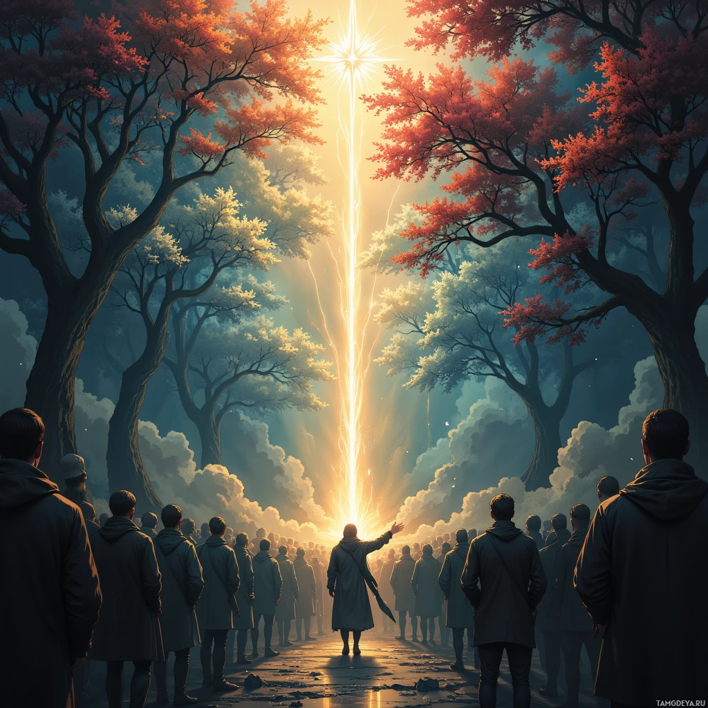 A group of people stands in a forest, facing a radiant light source in the sky.