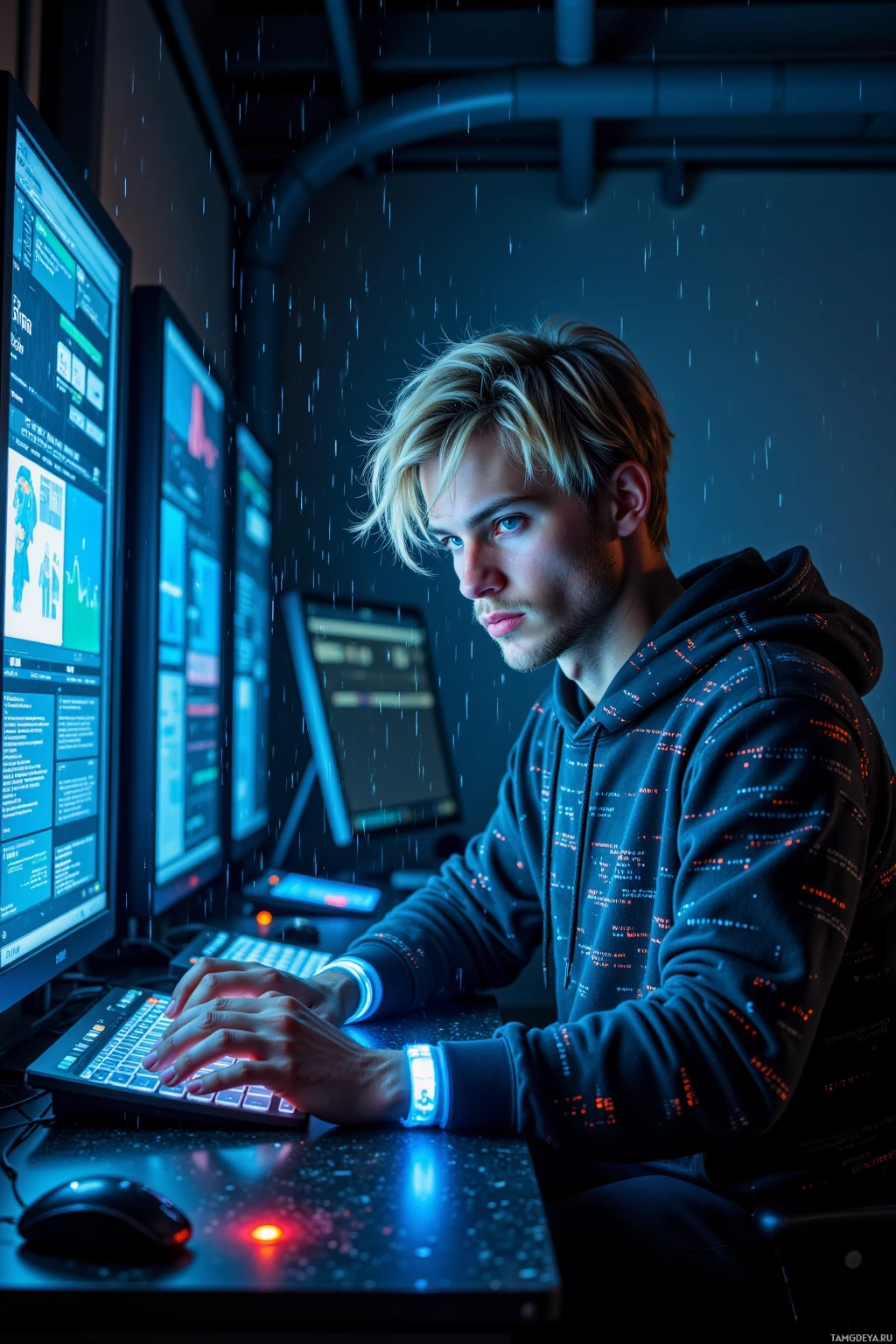 A person is working at a computer in a dimly lit room with multiple monitors displaying data.