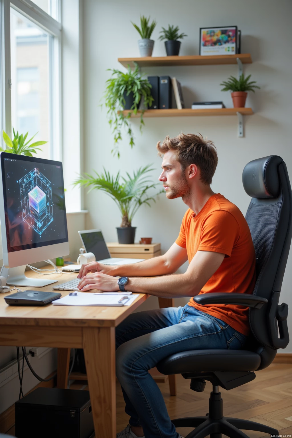 A person is sitting at a desk working on a computer in a well-lit room with plants and shelves in the background.
