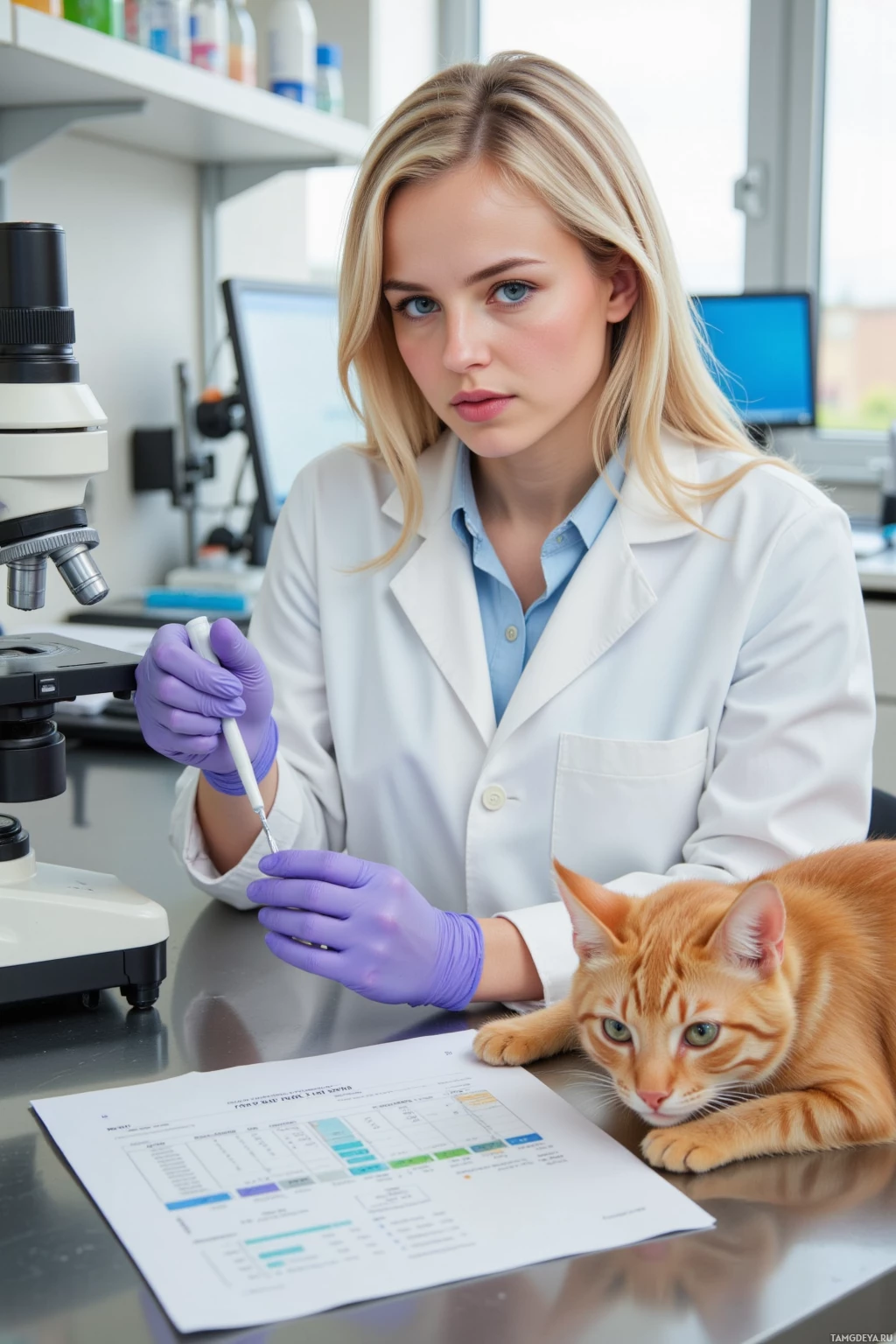A person in a lab coat and gloves works with a microscope, with a cat lying nearby on a lab bench.