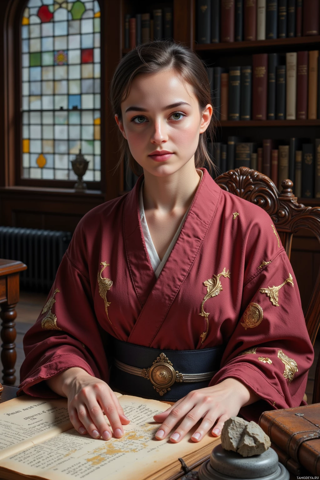A person in traditional attire sits at a desk with an open book and a rock on it, surrounded by books and stained glass windows.