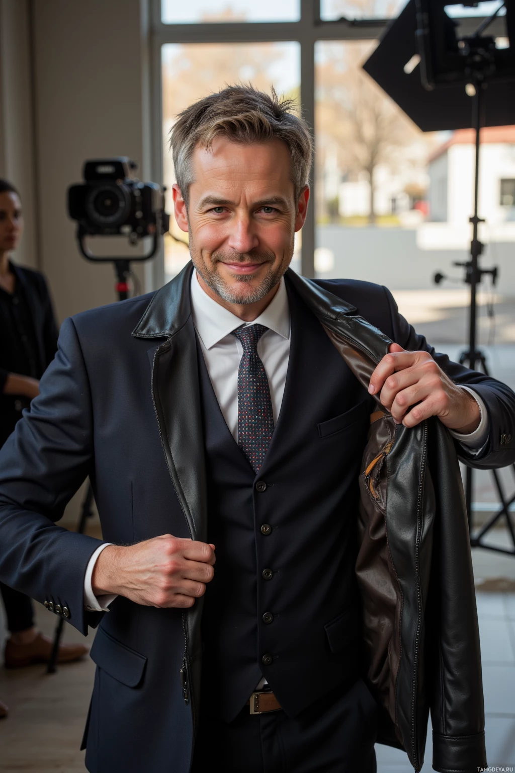A man in a suit and leather jacket smiles while holding his jacket open.
