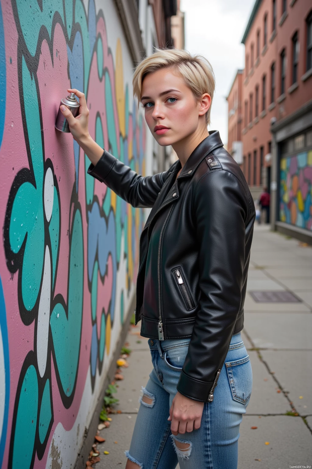 A person wearing a black leather jacket and ripped jeans stands beside a colorful graffiti wall.