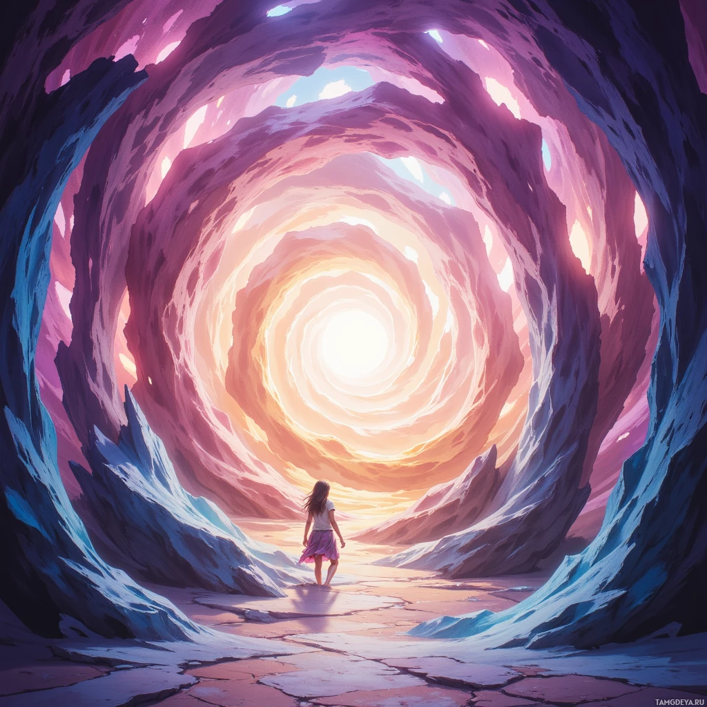 A person walks towards a bright light at the end of a colorful, swirling tunnel.