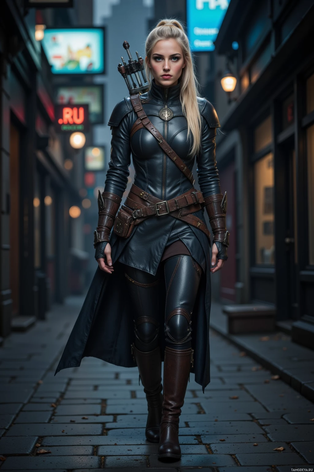 Realistic high quality photo. Female 29-year-old hunter with long blonde ponytail tied back, piercing blue eyes, pale skin, wearing dark leather stealth armor and rugged boots, crossbow slung over her back, walking alone in a dim nighttime city alley under flickering glowing billboards and shadowy corners.