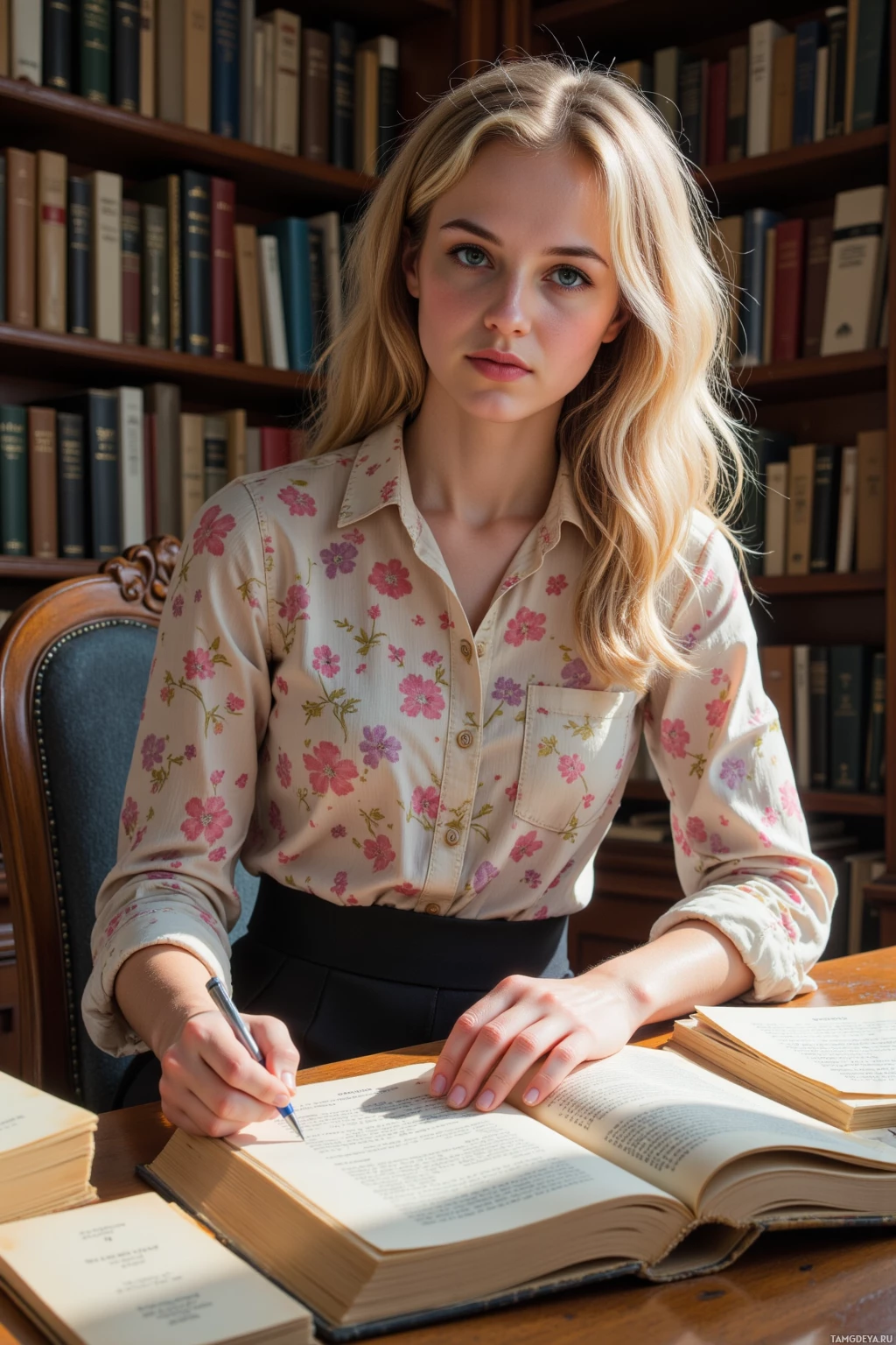 A person in a floral shirt is sitting at a desk with books, writing in a notebook.