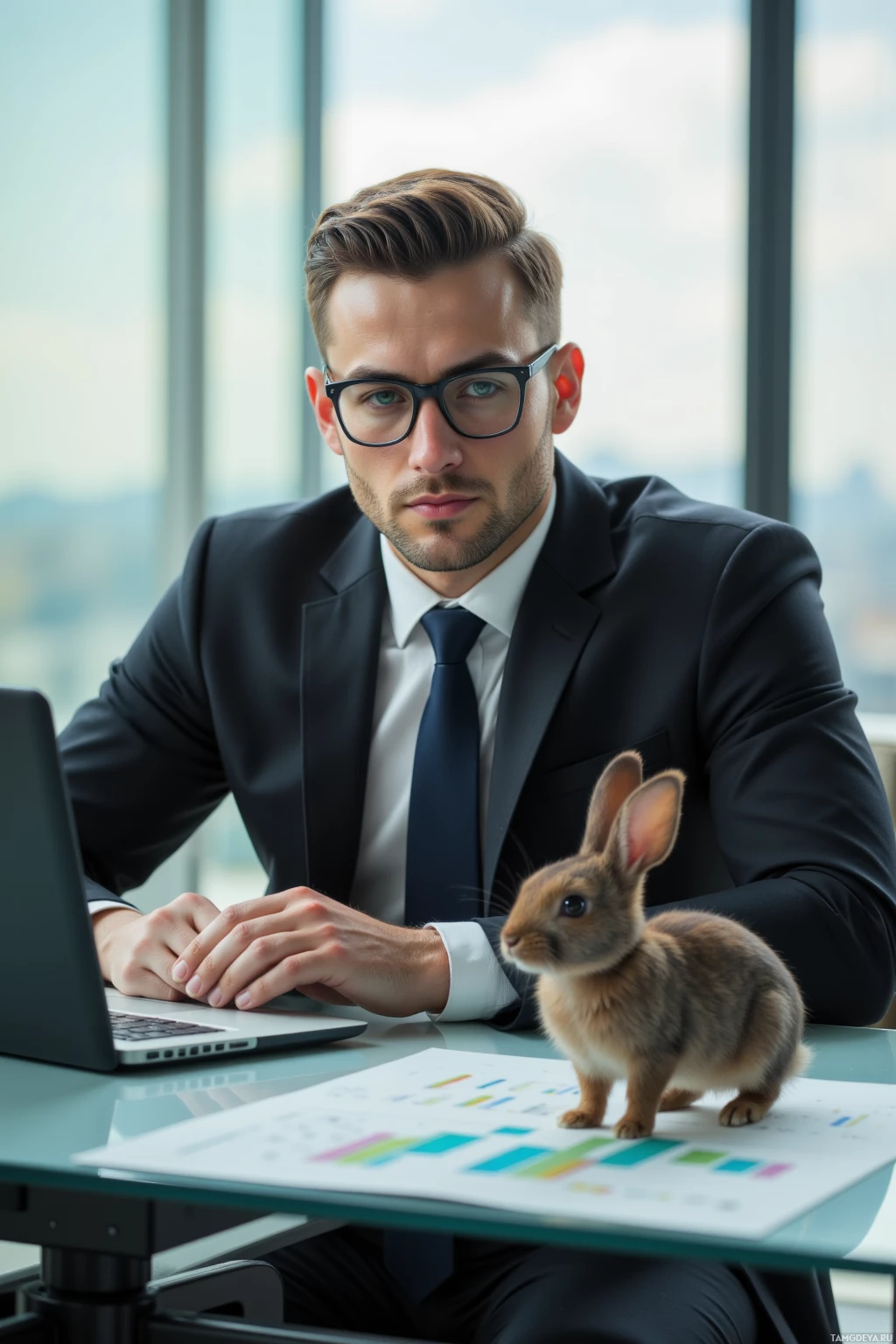 A man in a suit sits at a desk with a laptop and a small rabbit on a document.