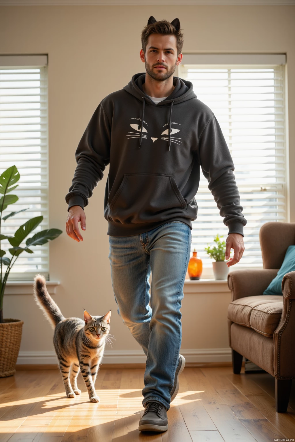 A person wearing a cat-themed hoodie walks indoors with a cat following nearby on a wooden floor.