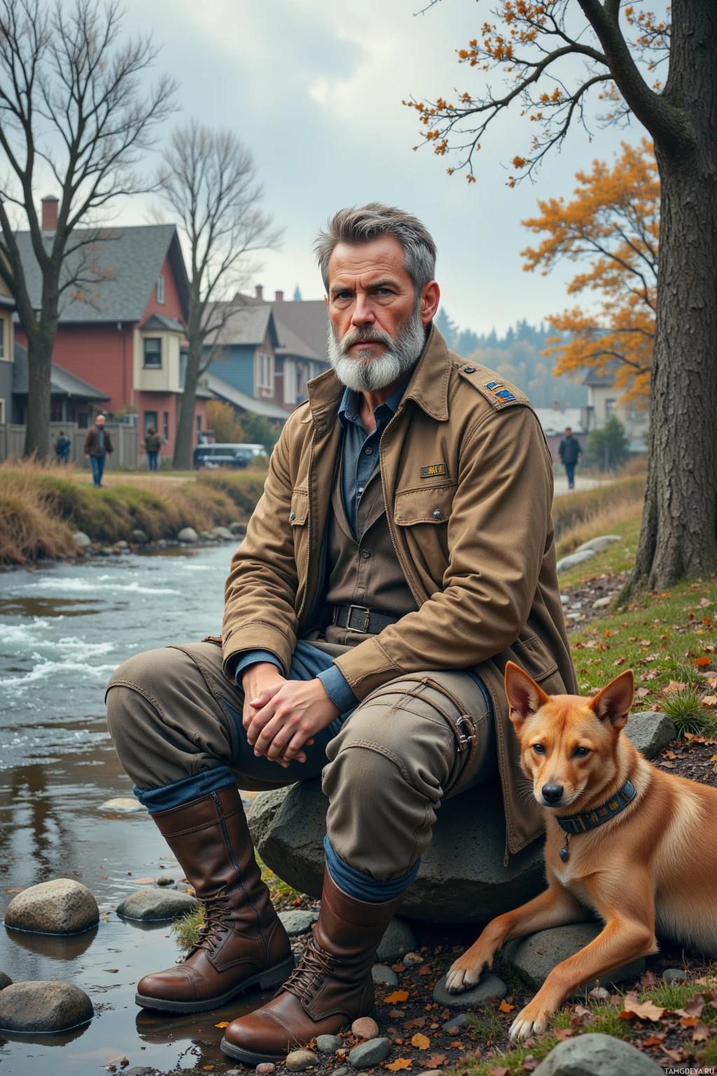 A man sits by a river with a dog, both dressed in outdoor attire, surrounded by autumn foliage.