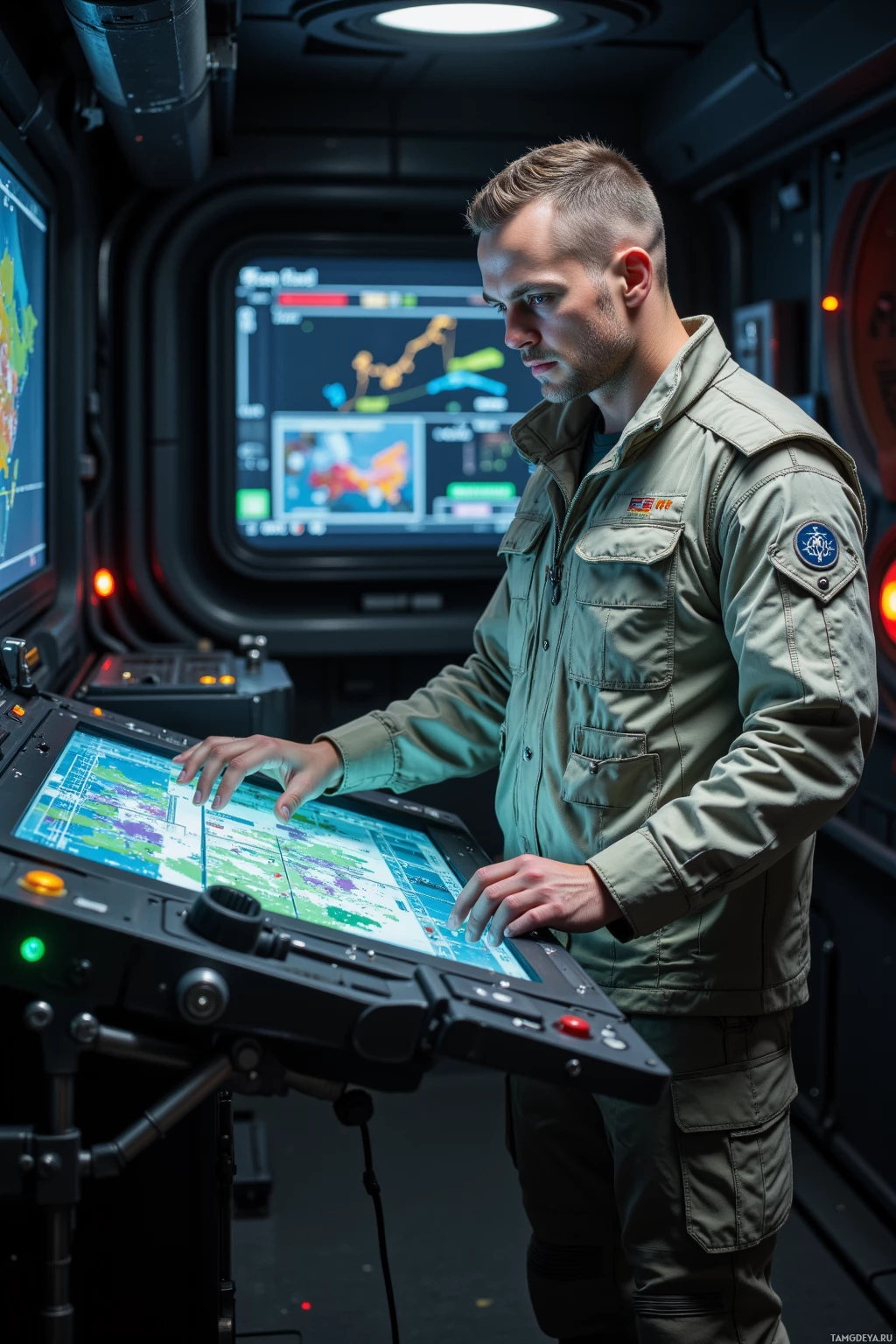 A person in a military-style uniform operates a control panel in a futuristic setting.