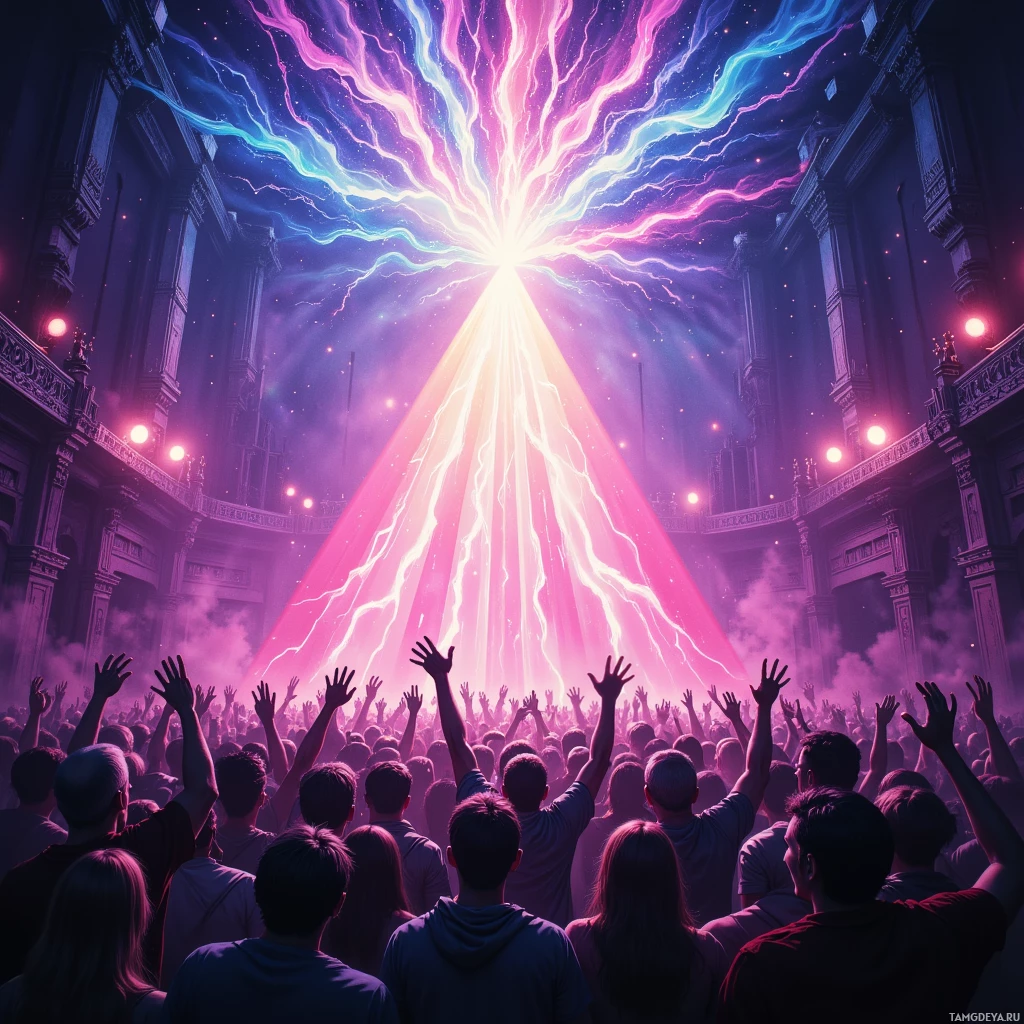 A crowd raises their hands as a vibrant, colorful light beam descends from above.