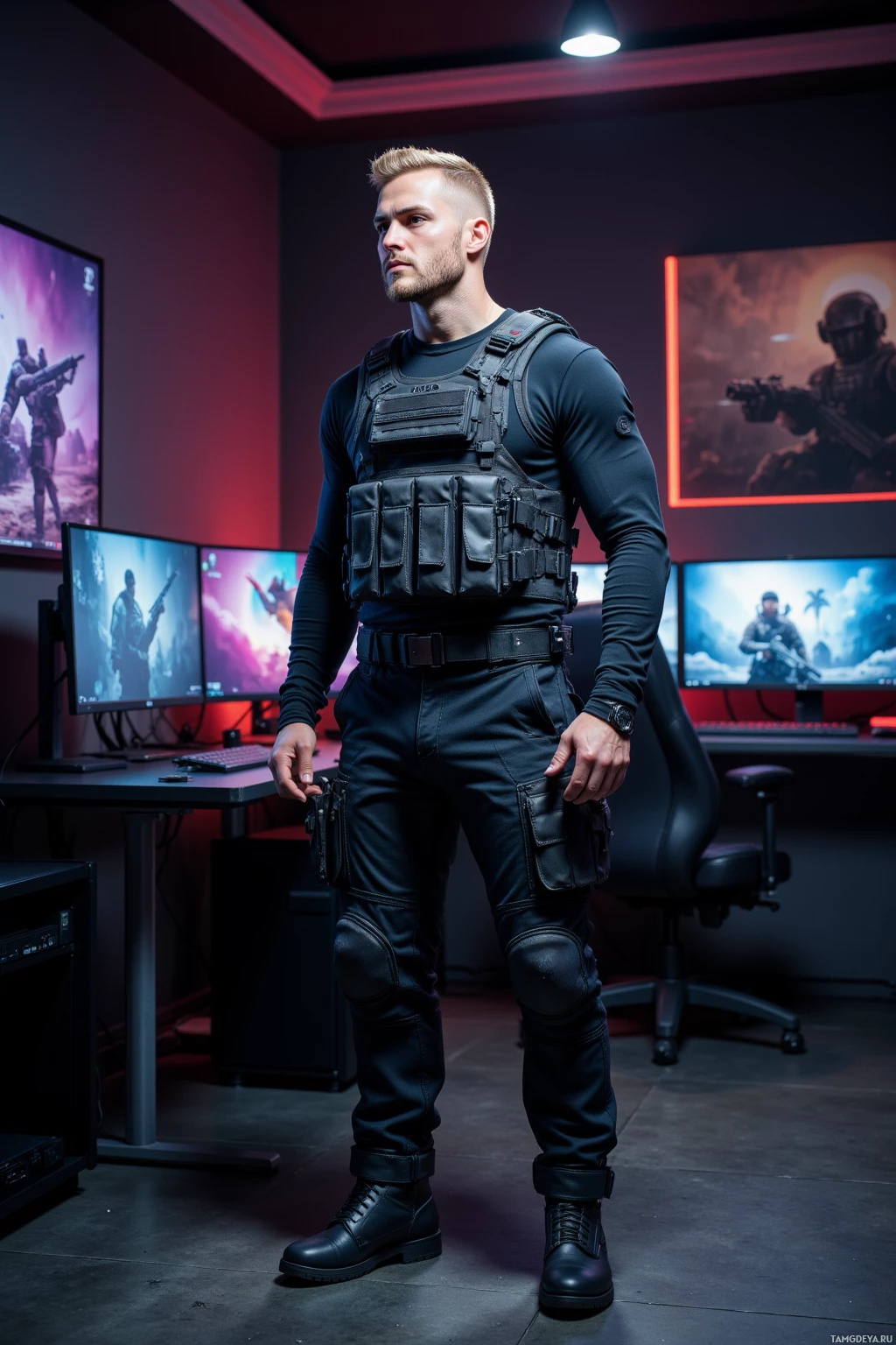 A person in tactical gear stands in front of multiple computer monitors displaying video game scenes.