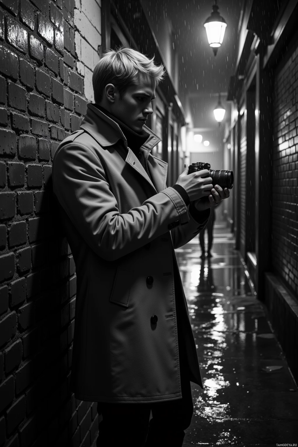 A person in a trench coat stands in a dimly lit alleyway holding a camera.