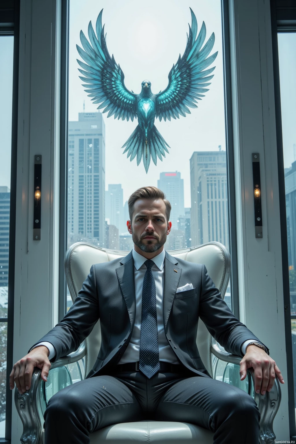 A man in formal attire sits in an elegant chair with a cityscape and glowing bird emblem behind him.