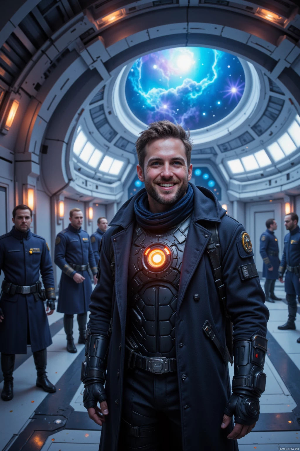 A person in a futuristic uniform stands in a space station corridor with a glowing chest piece.