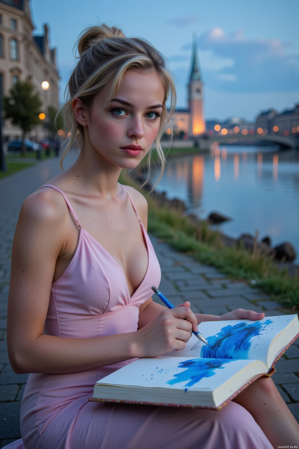 A person in a pink dress is sitting by a river, holding a blue pencil and a book with blue paint splatters.