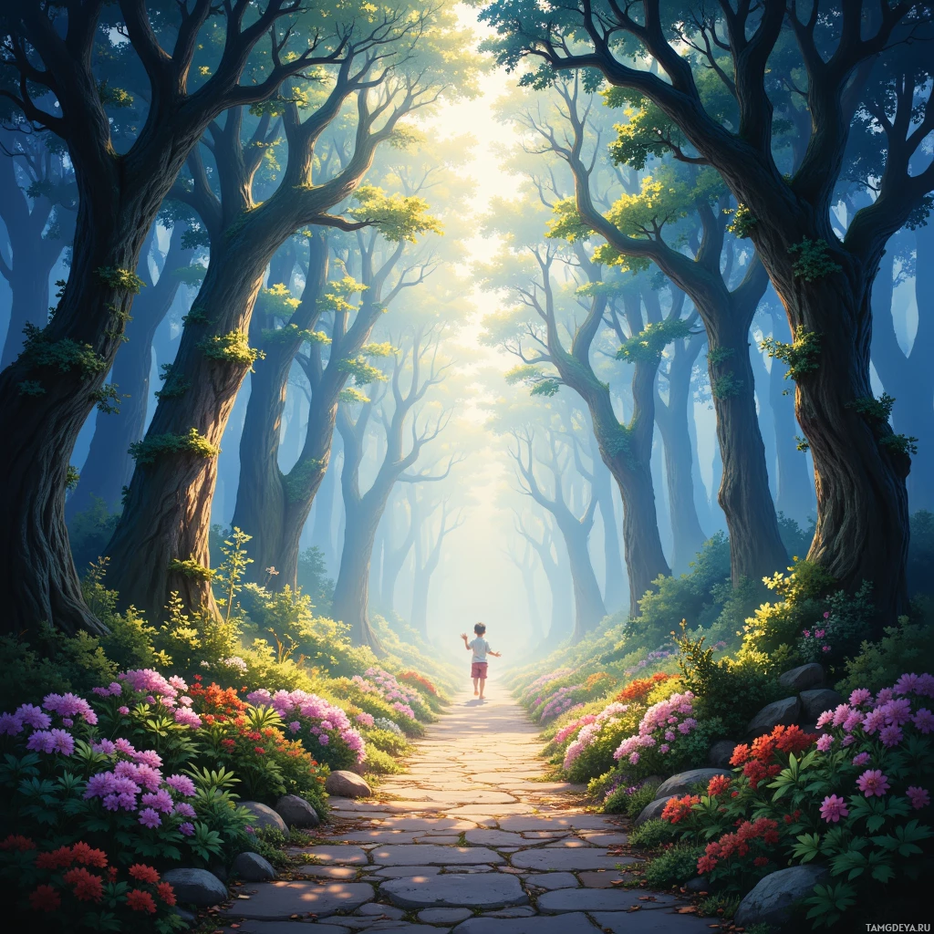 A serene forest scene with a child walking on a stone path surrounded by vibrant flowers and tall trees.