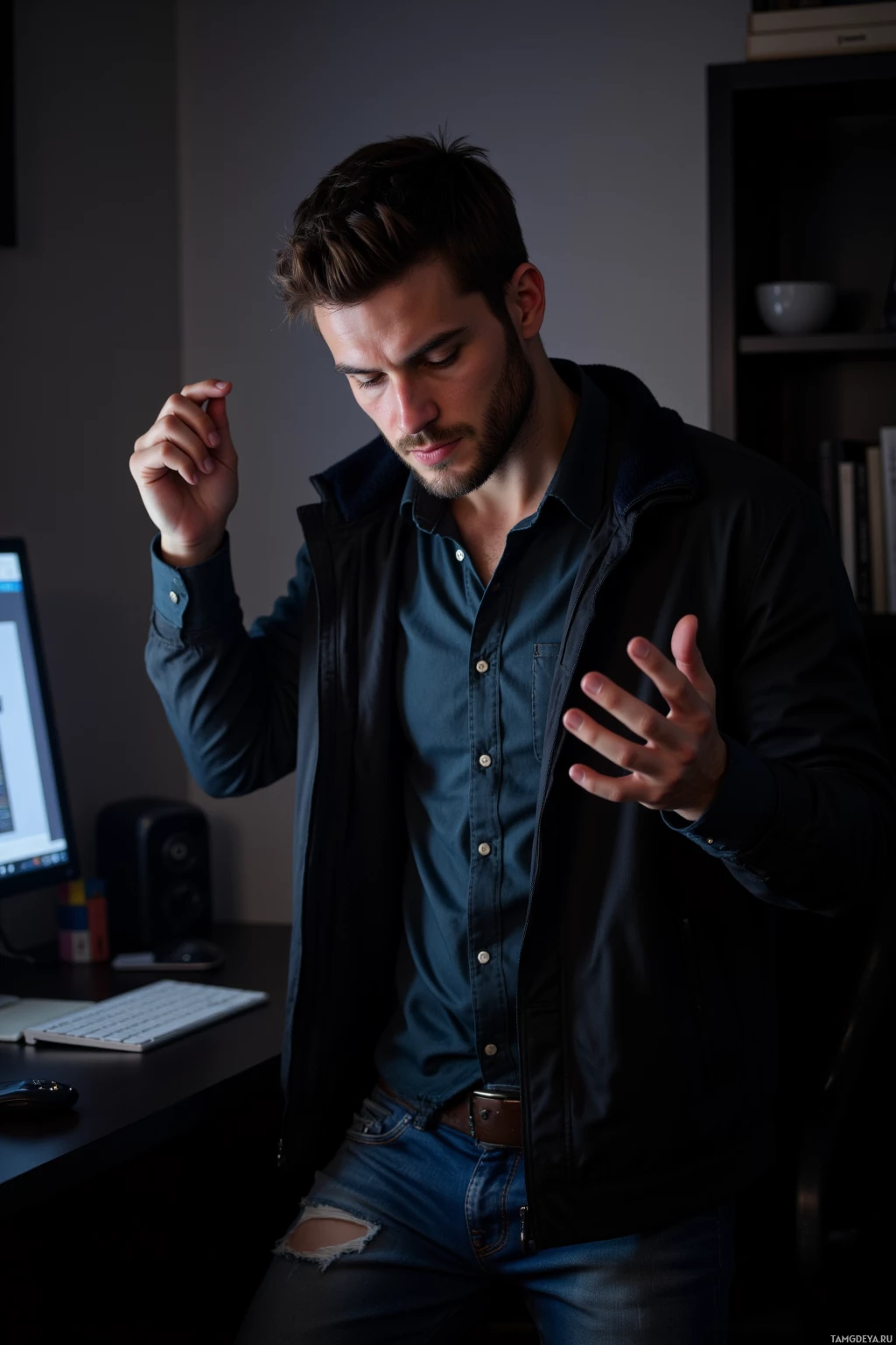 A man in a dark jacket and jeans gestures with his hands while standing in a room with a desk and computer.