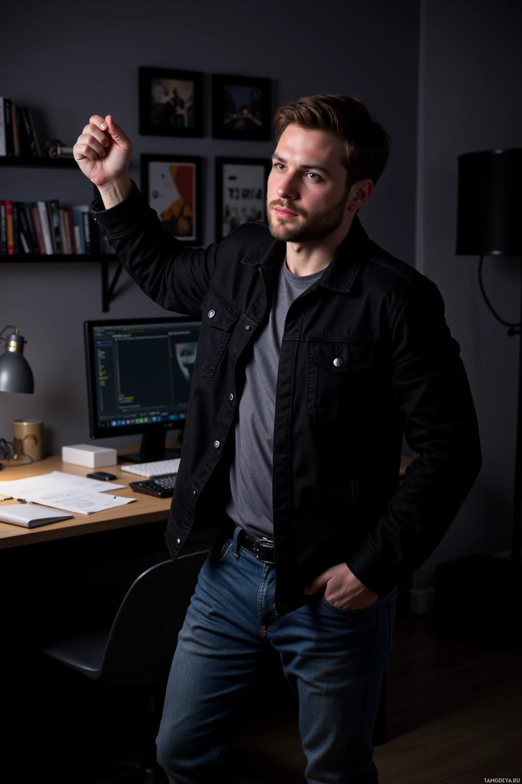 A person stands in an office setting with one hand raised and the other in their pocket, wearing a black jacket over a gray shirt and jeans.