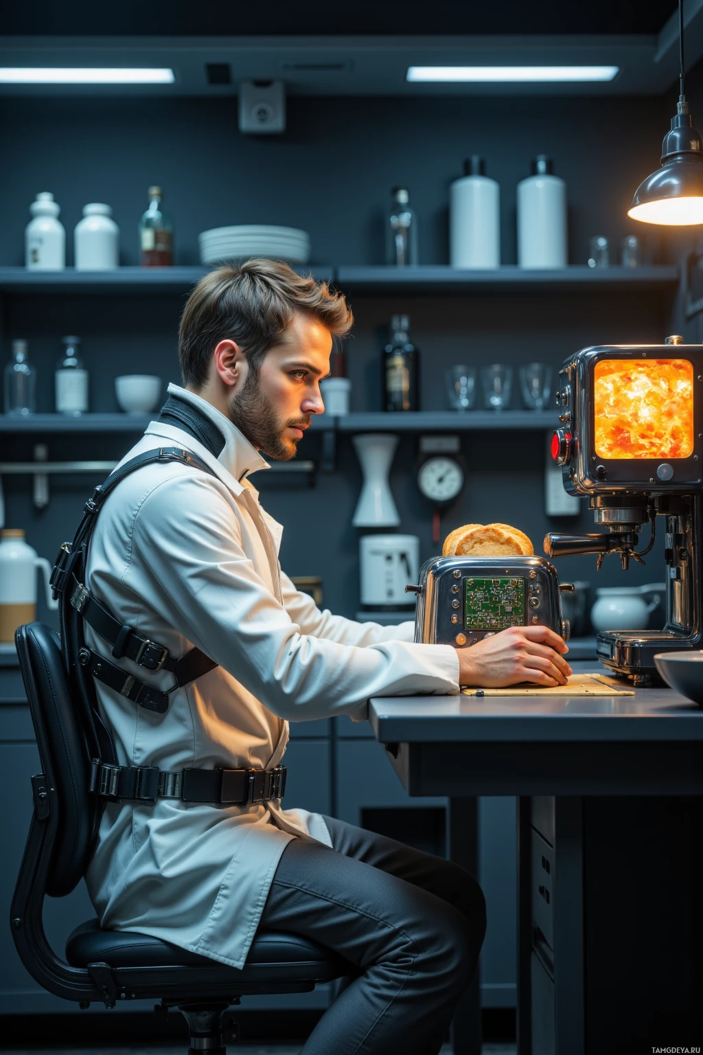 A person in a lab coat sits at a table with a toaster and an oven emitting flames.