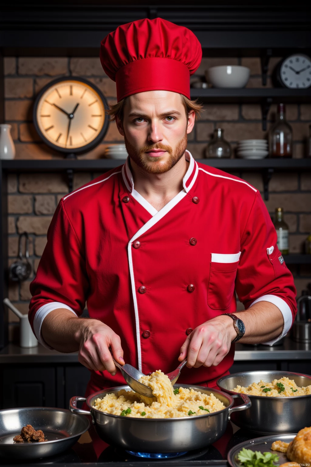 A chef in a red uniform prepares food in a kitchen.