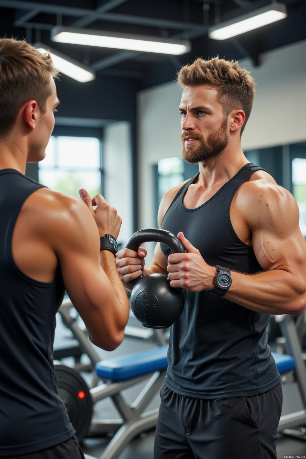 Two individuals in a gym setting, one holding a kettlebell and the other gesturing with their hands.