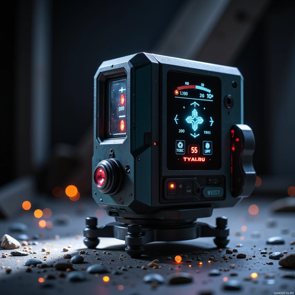 A modern, rugged camera with illuminated displays and a red lens is mounted on a tripod.