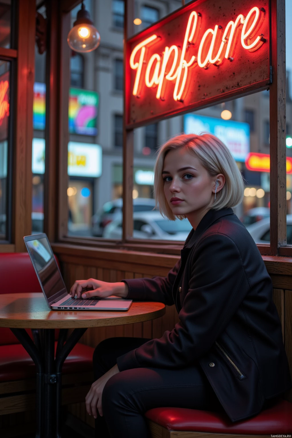 A person sits at a table in a dimly lit urban setting, using a laptop.