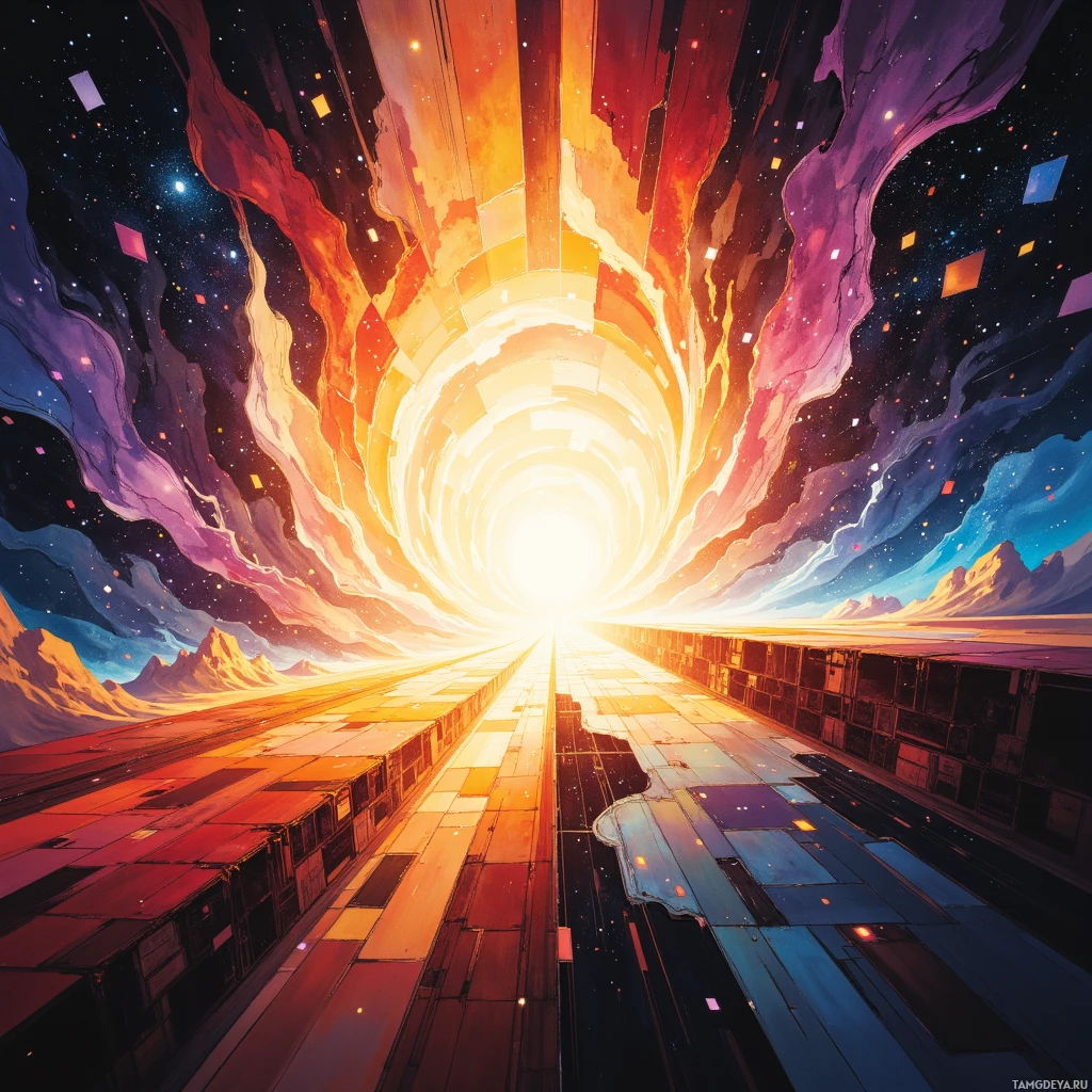 A vibrant, futuristic tunnel with glowing light at the end, set against a cosmic background.