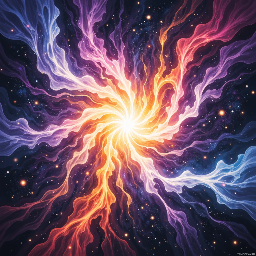 A vibrant cosmic explosion with swirling colors and star-like points against a dark background.