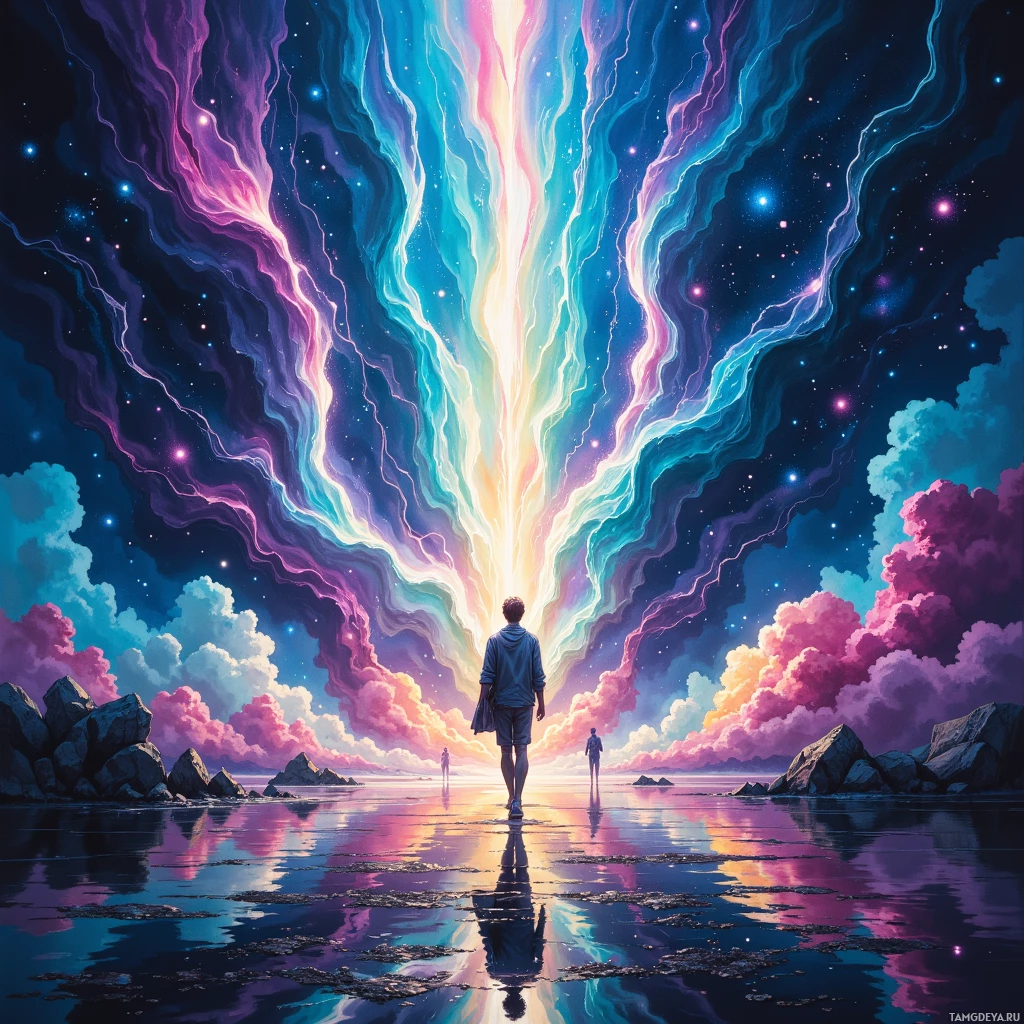 A person walks towards a radiant, colorful sky over a serene body of water.