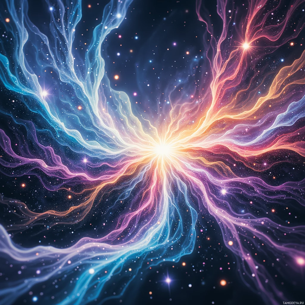 A vibrant cosmic explosion with swirling colors and bright stars.