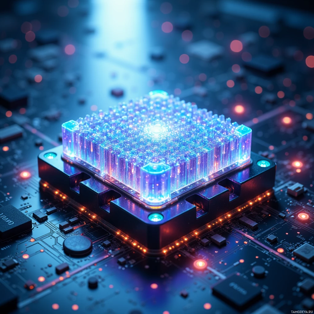 A glowing, futuristic circuit board component with a blue and purple light display.