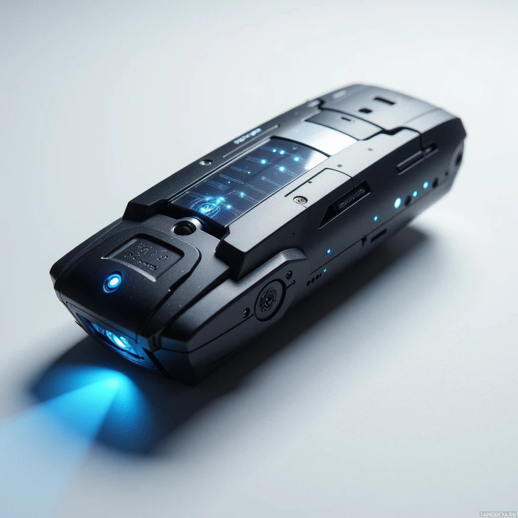A sleek, black device with a blue light and a screen emitting a glowing blue pattern.