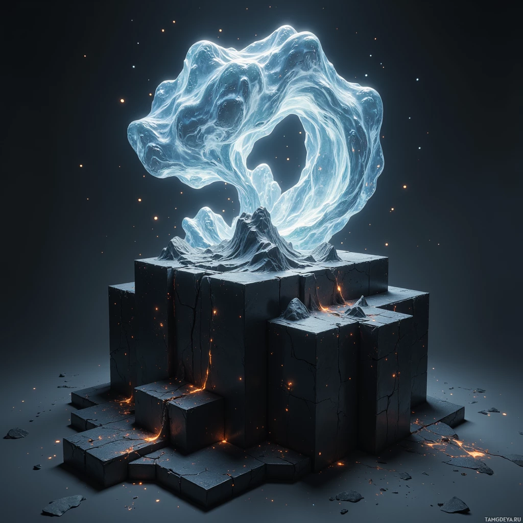 A glowing, ethereal cloud hovers above a cracked, dark pedestal with fiery embers.