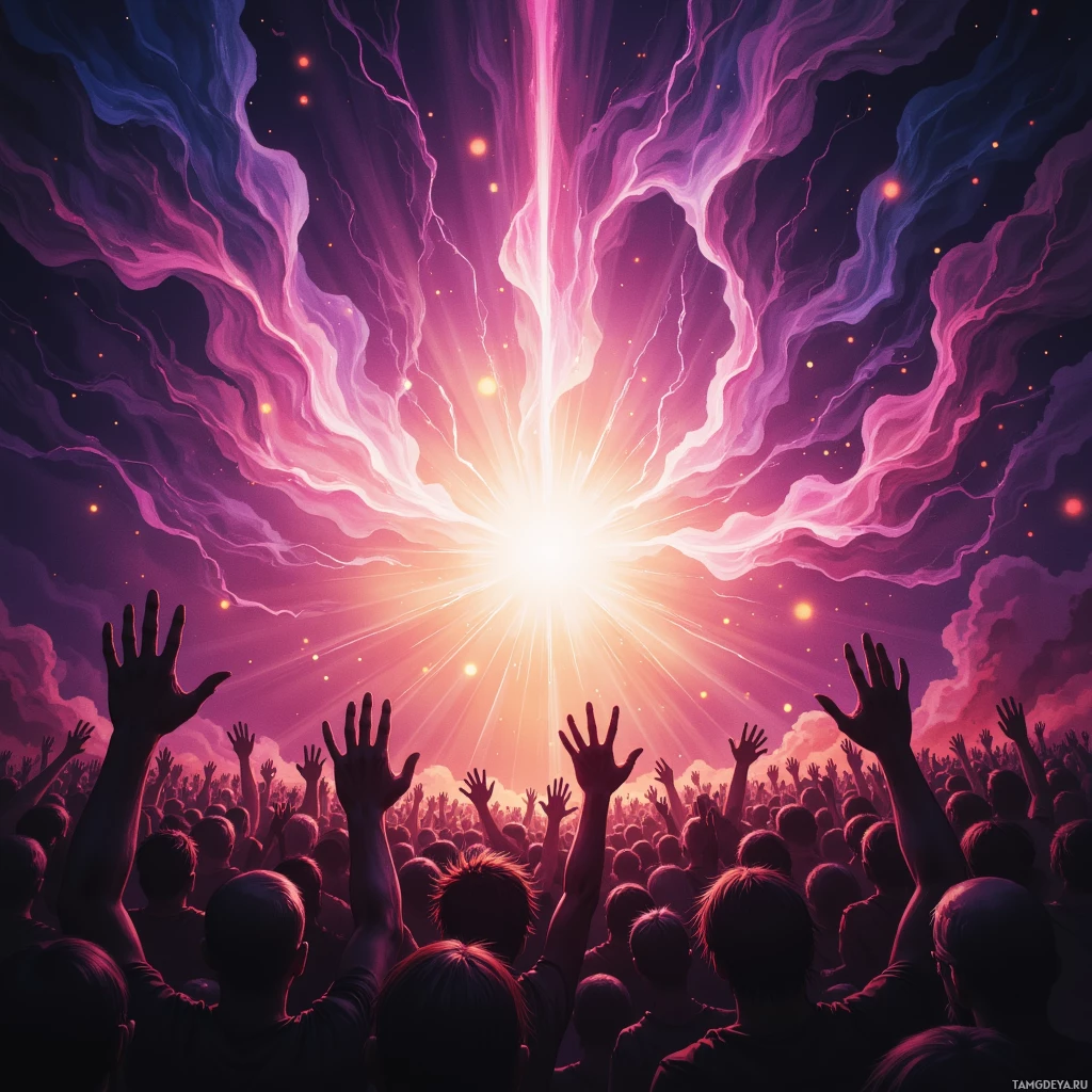 A vibrant crowd with raised hands under a radiant, colorful sky.