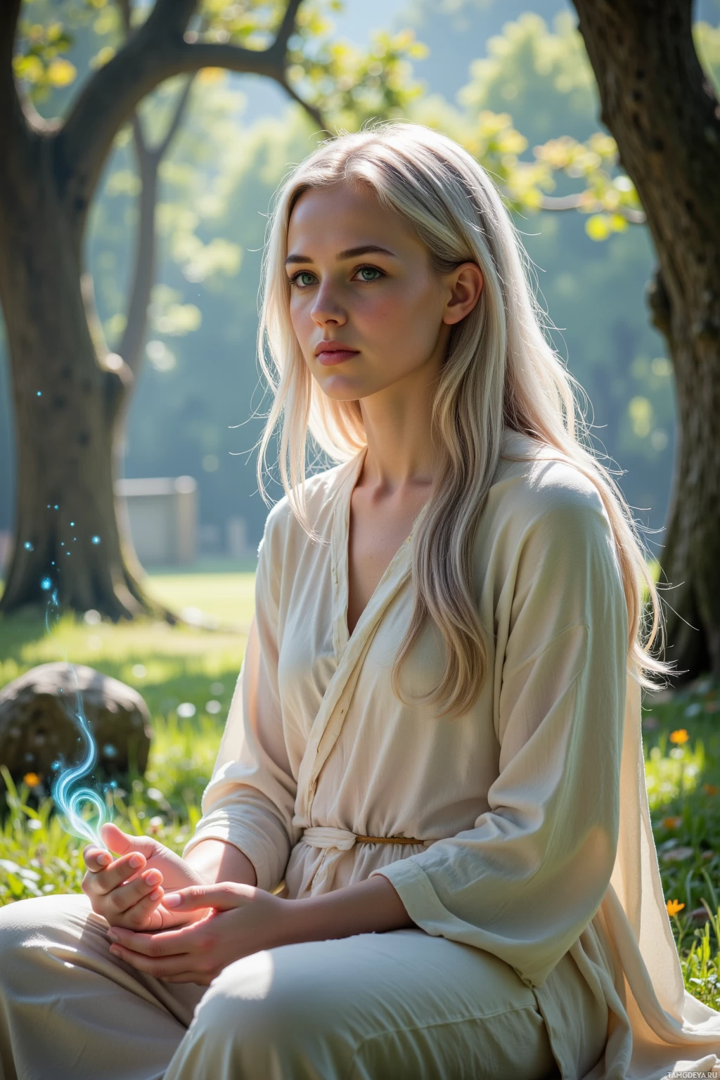 A person in a light-colored robe sits in a serene outdoor setting with trees and grass.