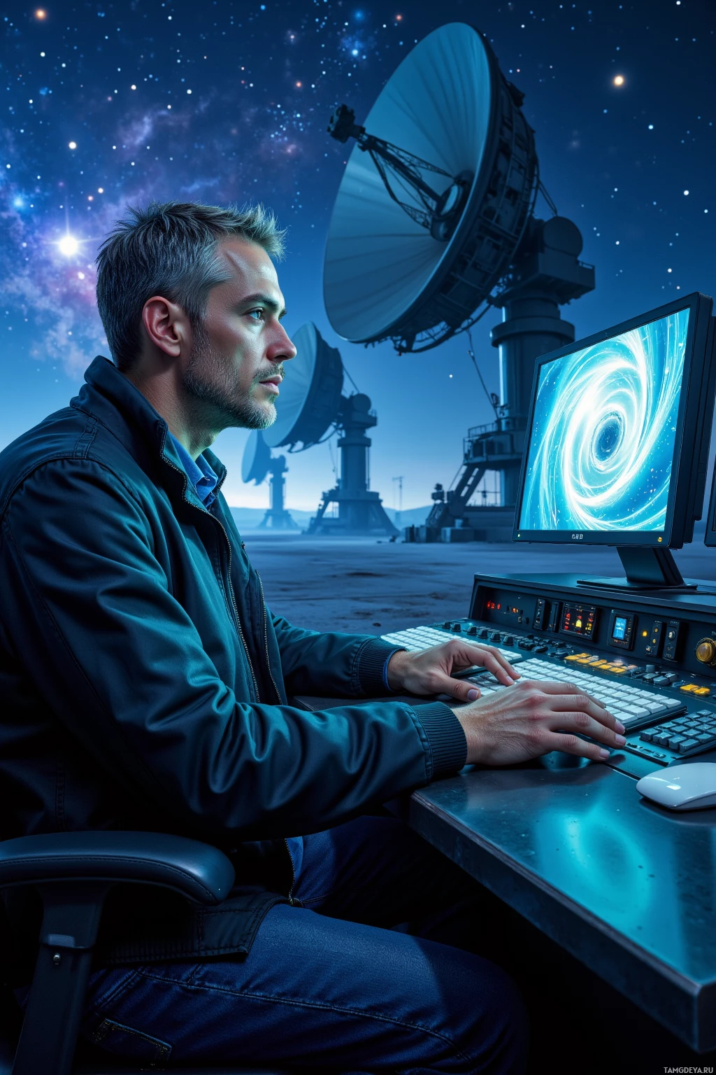 A man works at a computer in a setting with a large satellite dish and a starry sky.