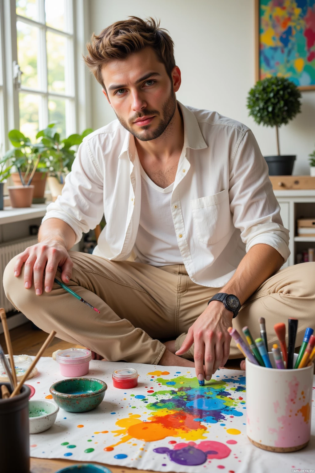 A man sits on the floor with paint splatters and art supplies around him.