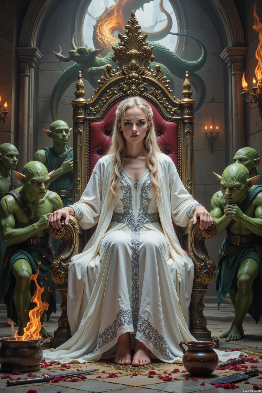 A woman in a white gown sits on an ornate throne surrounded by green-skinned creatures and a dragon in the background.