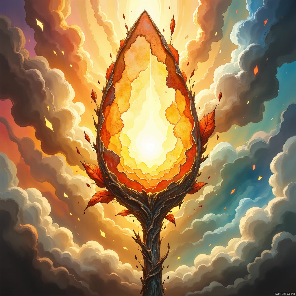 A glowing tree with autumn leaves stands amidst swirling clouds in a vibrant sky.
