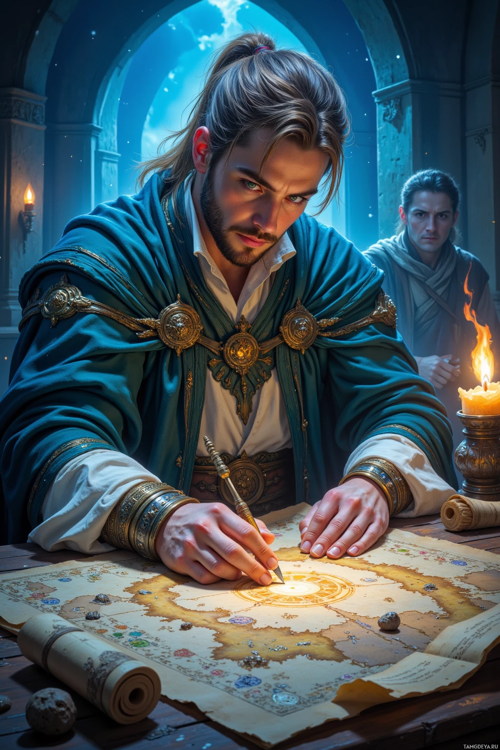 A man in ornate attire is focused on drawing on a map with a quill, while another person watches in the background.