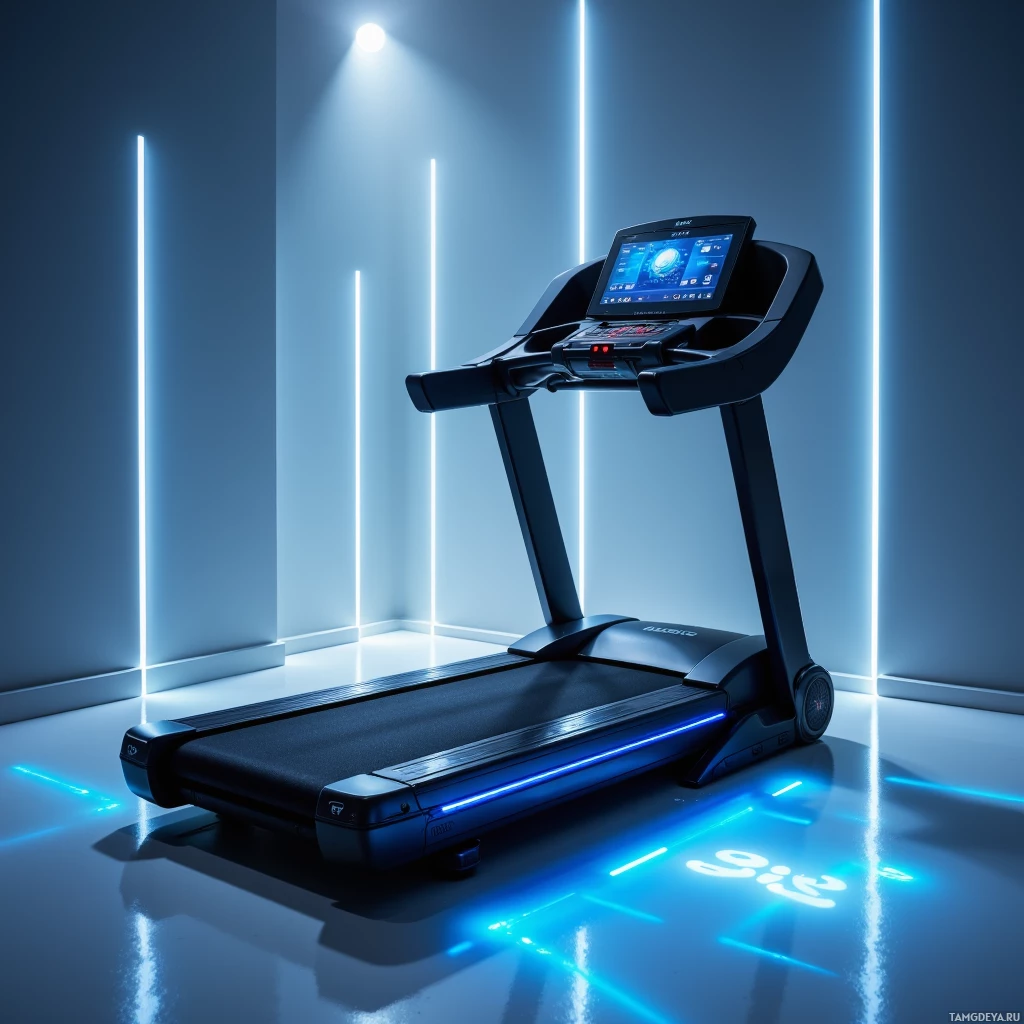 A modern treadmill with a digital display is illuminated by blue neon lights in a sleek room setting.