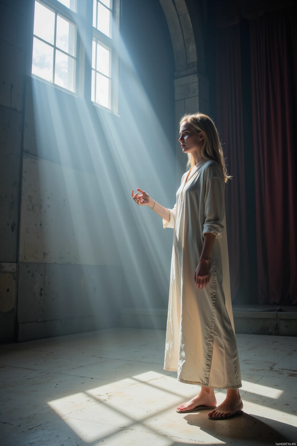 A person stands in a sunlit room, reaching out towards the light.