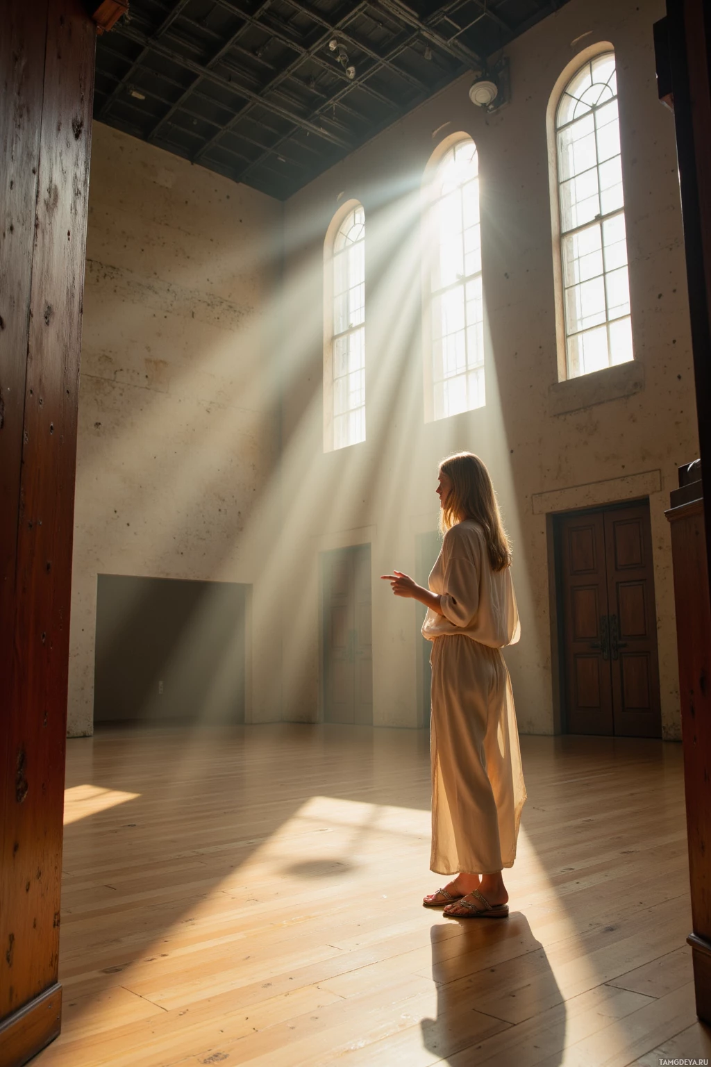 A woman stands in a sunlit room with arched windows, casting beams of light across the floor.